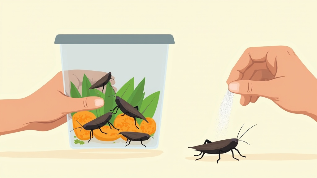 Close-up cartoon of gut loading crickets with greens and dusting with calcium powder for bearded dragons.