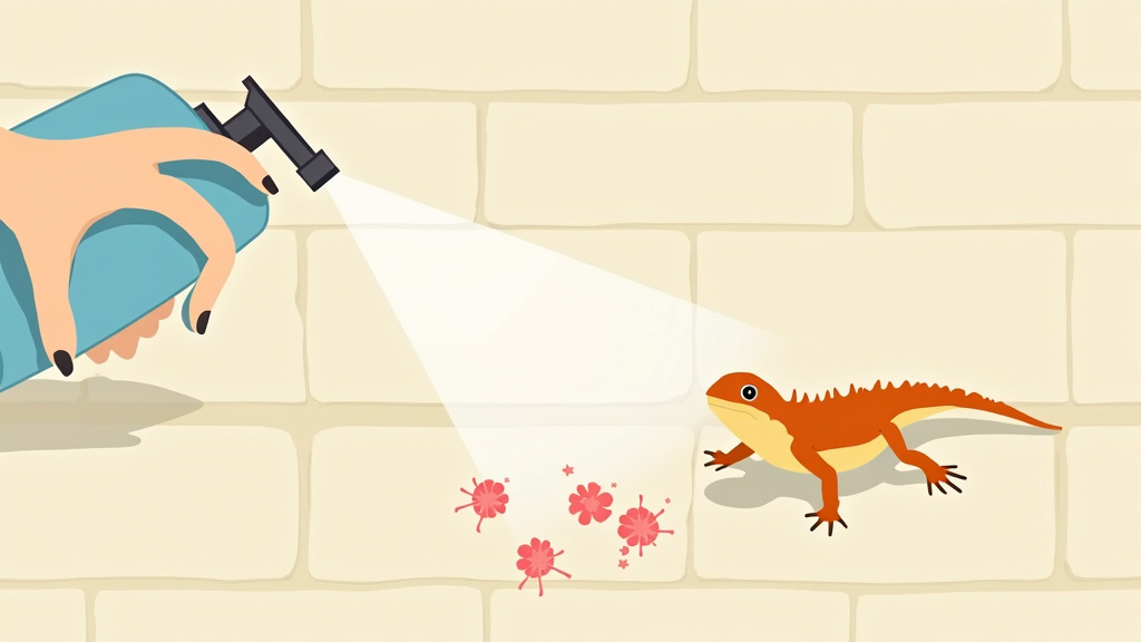 Cartoon of disinfecting bearded dragon enclosure to prevent intestinal worm infections.