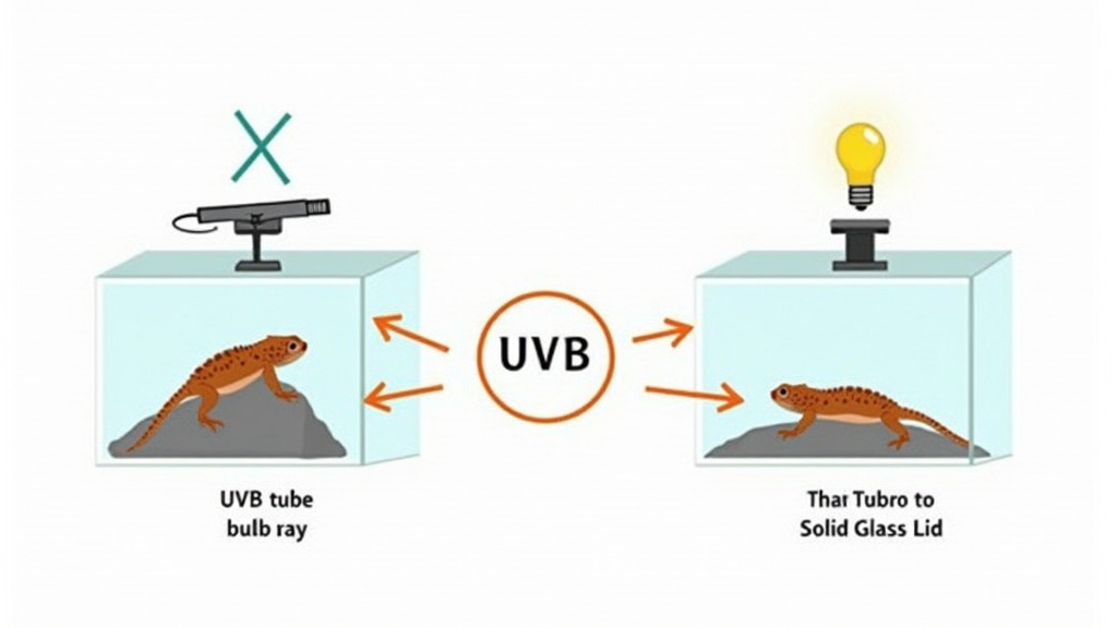 Diagram showing correct and incorrect UVB bulb placement for a bearded dragon glass tank.