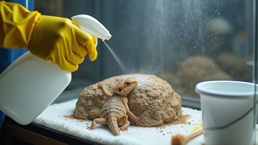 Person disinfecting bearded dragon tank decor with spray bottle and gloves